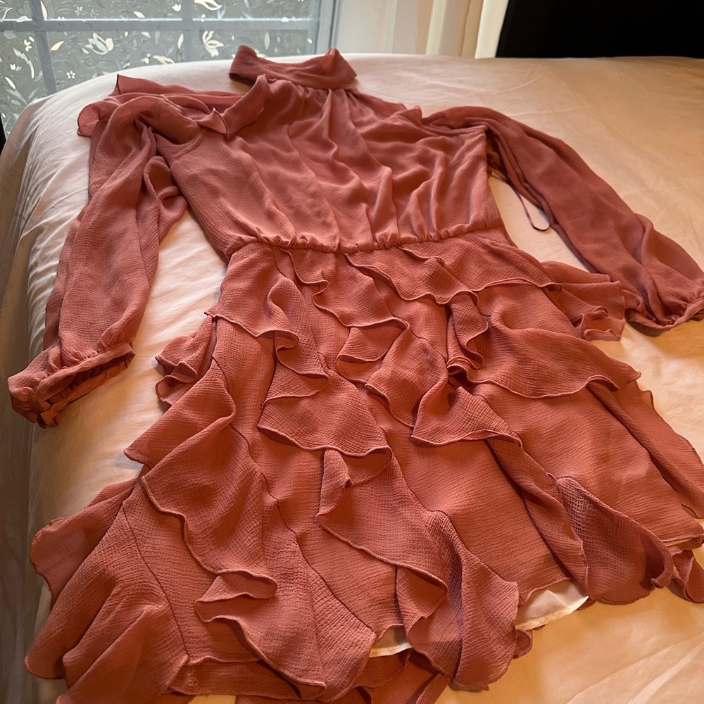 ZARA WOMAN HIGH COLLAR RUFFLED MINI DRESS MARSALA Size : Large, P2P: 17 inches - Picture 11 of 11